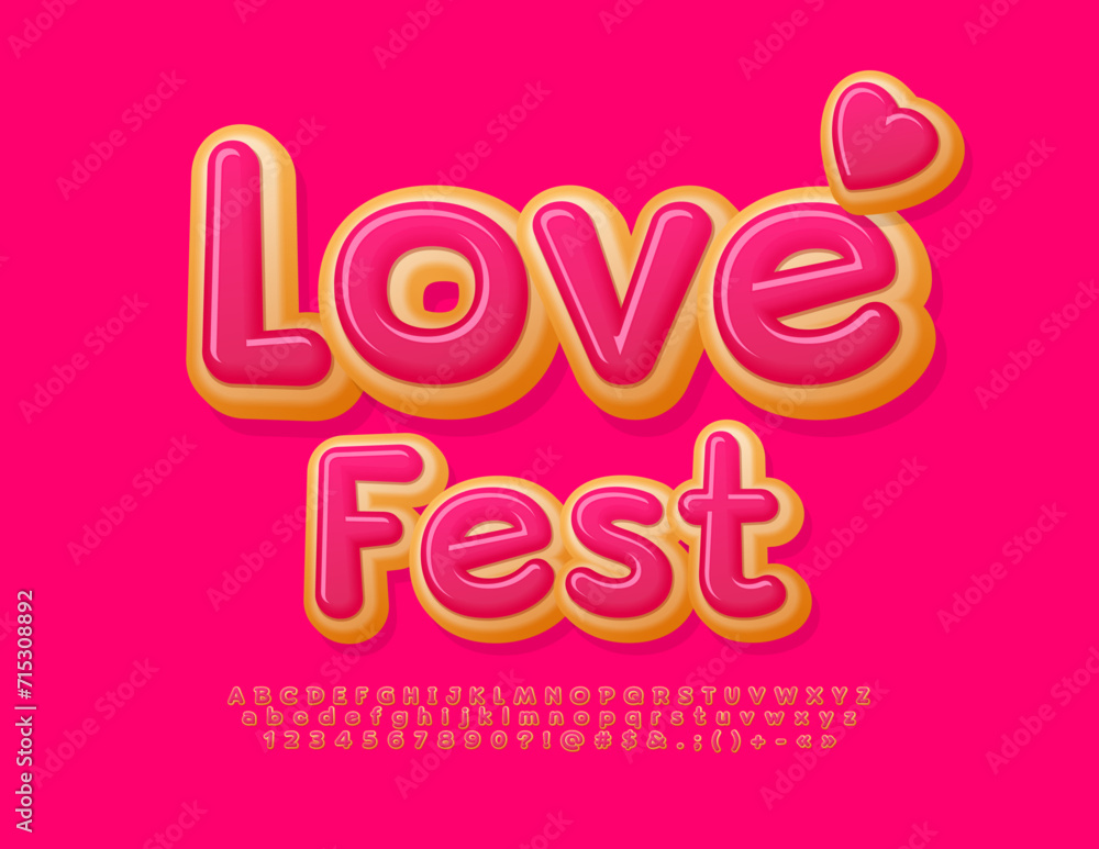 Vector cute flyer Love Fest with decorative Heart. Bright Alphabet Letters, Numbers and Symbols set. Yummy cake Font
