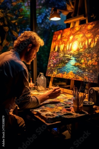 Artist creating intricate artwork with soft lighting in the late evening, Generative AI