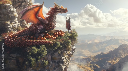 A notsobrave knight attempting to slay a dragon made entirely of pion fruit atop a steep cliff on the plateau only to realize its not such a formidable foe after all