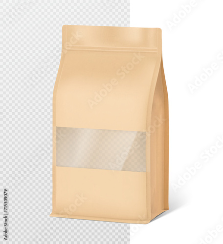 Vertical kraft flat bottom gusset bag with zip lock mockup. Half side view.  Vector illustration isolated on transparent background. Ready for use in presentation, promo, advertising and more. EPS10.
