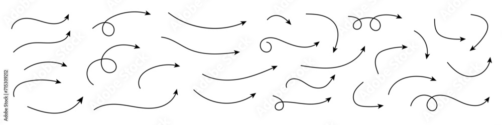 Set of vector curved arrows hand drawn. Sketch doodle style. Collection of pointers. Set of vector curved arrows hand drawn. Sketch doodle style. Collection of pointers.