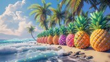 As the palm trees sway in the background a line of hula hooping pineapples create a colorful conga line on the shores of this tropical paradise