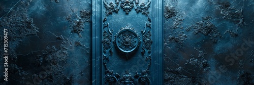 Ornate Blue Background with an Amazing Carving in the style of Dark Atmosphere - Realistic and Naturalistic Stone texture in Angular Composition Softbox Lighting created with Generative AI Technology