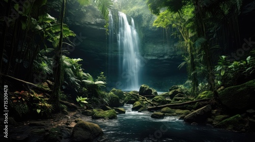 In midday  a tropical forest with a waterfall