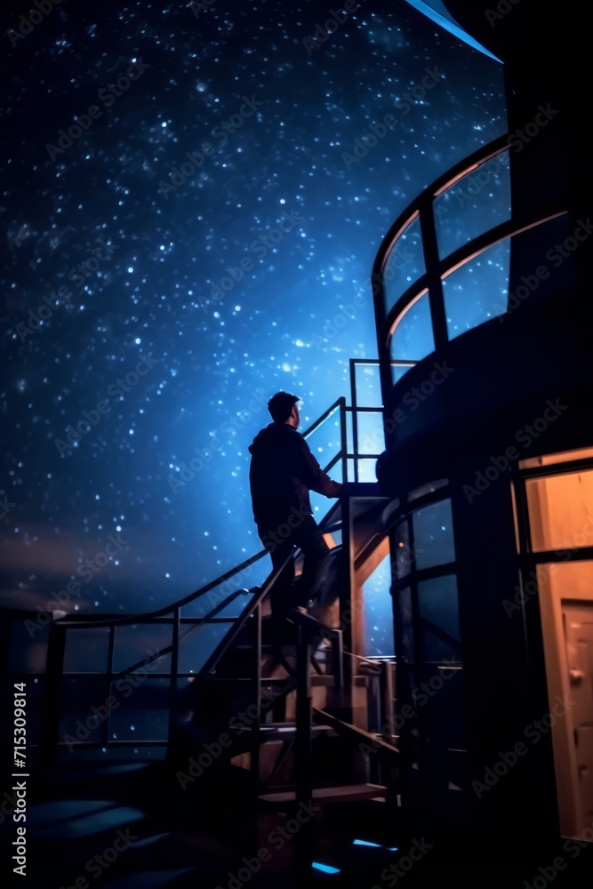 Astronomer observing the night sky with a telescope in an observatory, Generative AI Astronomer observing the night sky with a telescope in an observatory, Generative AI