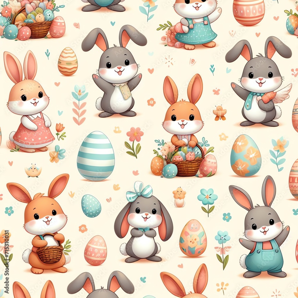 Easter Joy: Cartoon Bunnies and Decorated Eggs Pattern Easter Joy: Cartoon Bunnies and Decorated Eggs Pattern