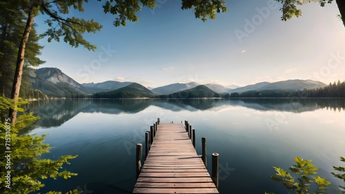 Wooden pier on a lake in the forest on a sunny day photo