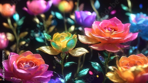 Multi-colored shiny petals roses. Background made of glass colorful flowers