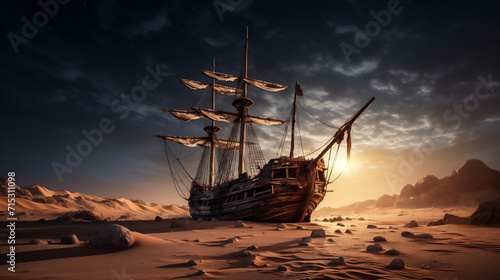 ship in the beach at the sunset photo