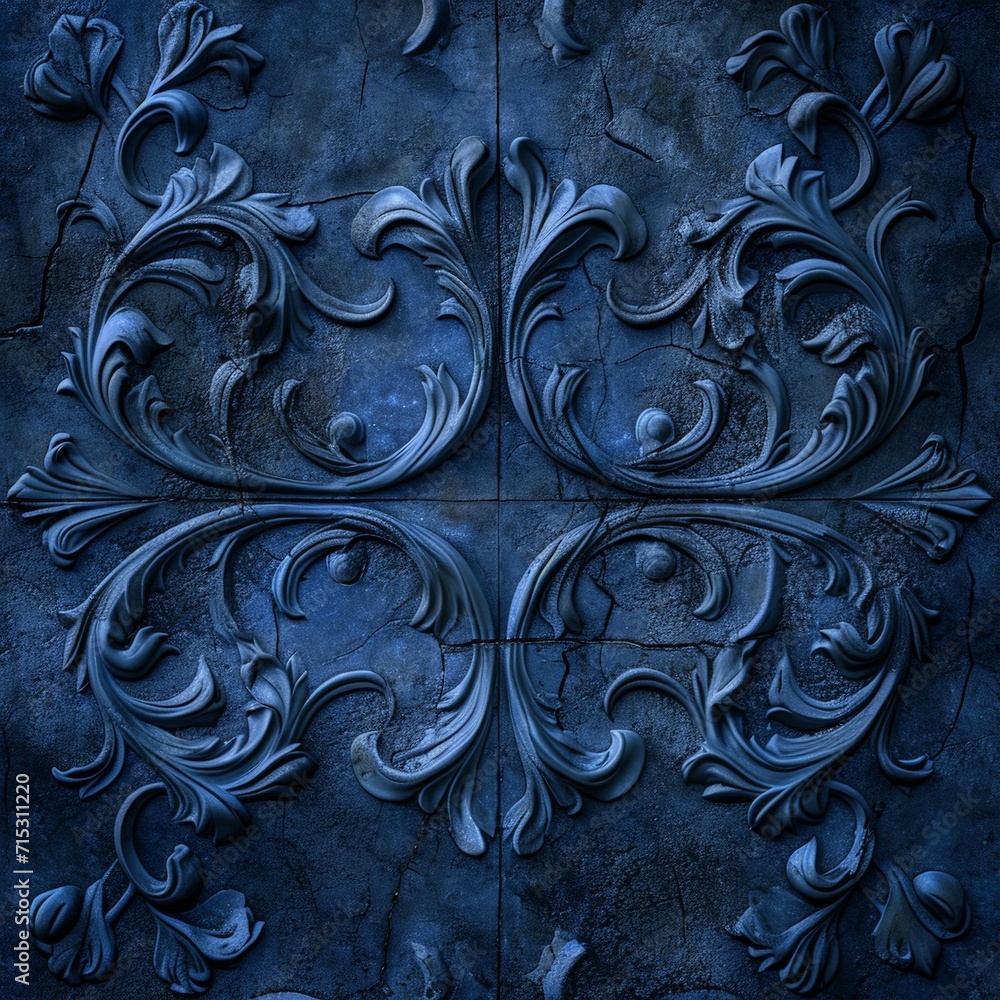 Ornate Blue Background with an Amazing Carving in the style of Dark Atmosphere - Realistic and Naturalistic Stone texture in Angular Composition Softbox Lighting created with Generative AI Technology