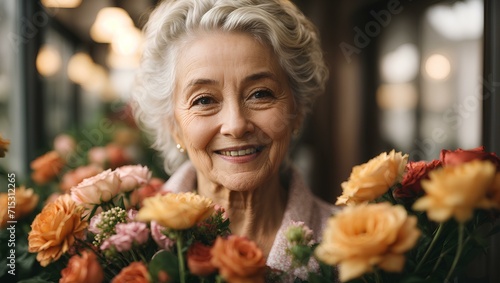 elderly woman getting flowers and smiling
