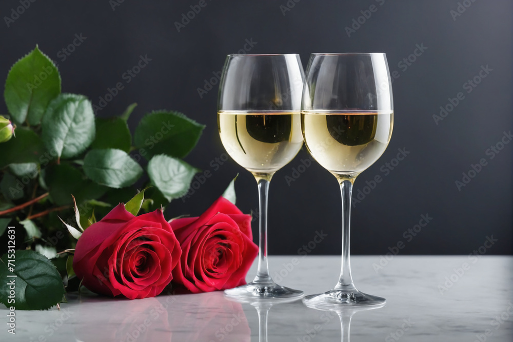 A close-up of two wine glasses and a bouquet of roses