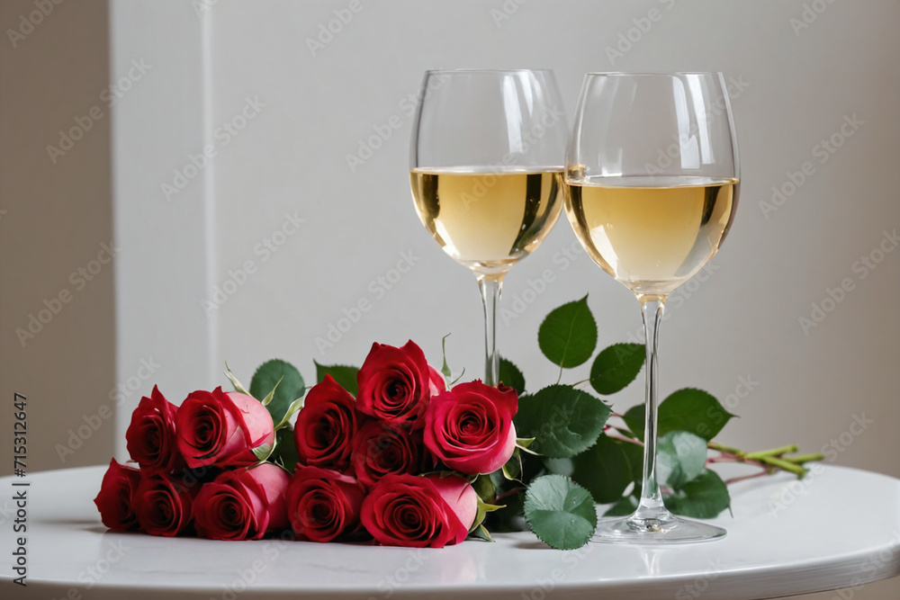 A close-up of two wine glasses and a bouquet of roses A close-up of two wine glasses and a bouquet of roses