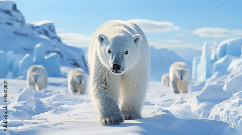 A majestic polar bear leads its cubs across the vast, icy expanse of the Arctic, embodying the strength and resilience of nature's wonders A majestic polar bear leads its cubs across the vast, icy expanse of the Arctic, embodying the strength and resilience of nature's wonders