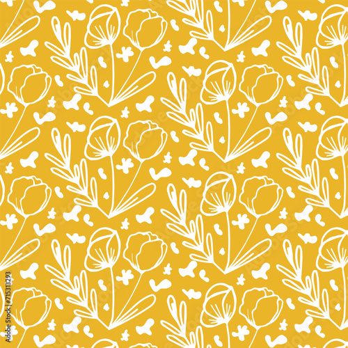 Seamless pattern white doodle flowers on yellow background.