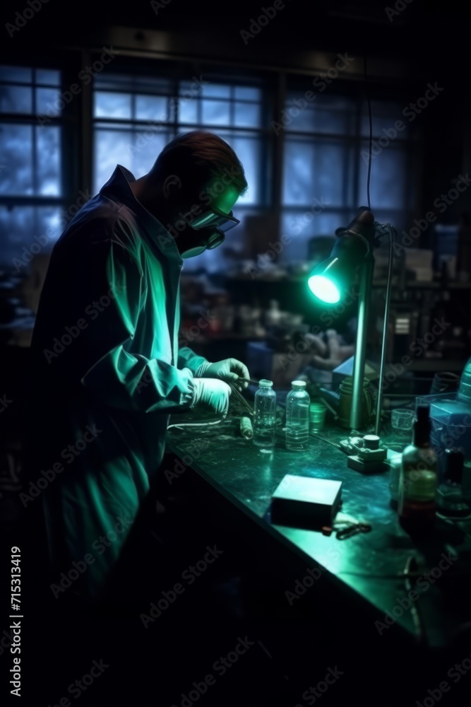 Scientist working in a dark laboratory, conducting experiments after regular working hours, Generative AI