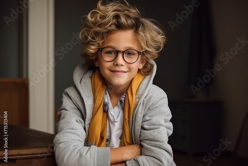 Portrait of a cute little boy with glasses in the room.
