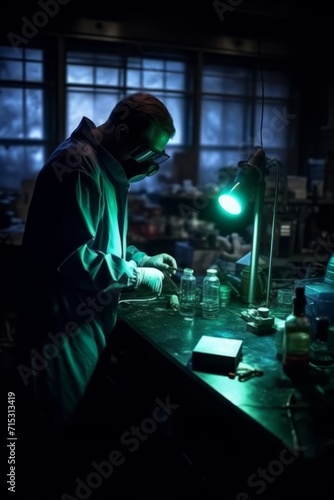 Scientist working in a dark laboratory, conducting experiments after regular working hours, Generative AI
