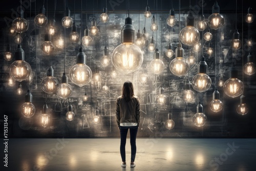 The woman is standing in front of a wall, a lot of light bulbs are lit around photo