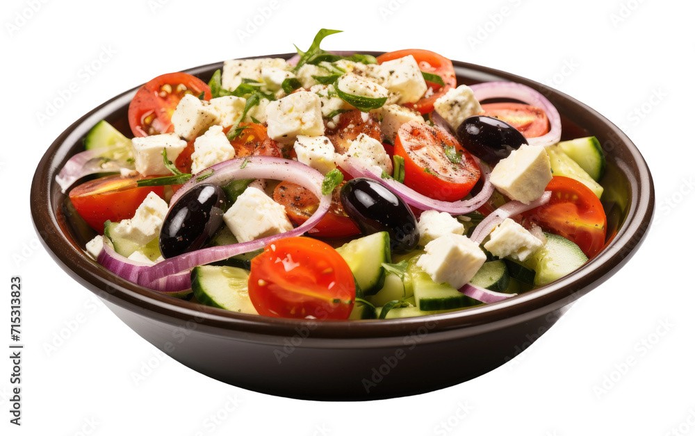 A Bowl Packed with the Zing of Feta, Briny Olives, and Fresh Salad on a White or Clear Surface PNG Transparent Background. A Bowl Packed with the Zing of Feta, Briny Olives, and Fresh Salad on a White or Clear Surface PNG Transparent Background.