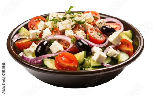 A Bowl Packed with the Zing of Feta, Briny Olives, and Fresh Salad on a White or Clear Surface PNG Transparent Background.