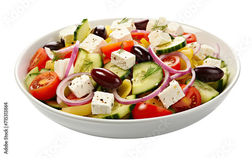 Vibrant Salad Ensemble with Feta Cheese and Olives in a Crisp Bowl on a White or Clear Surface PNG Transparent Background.