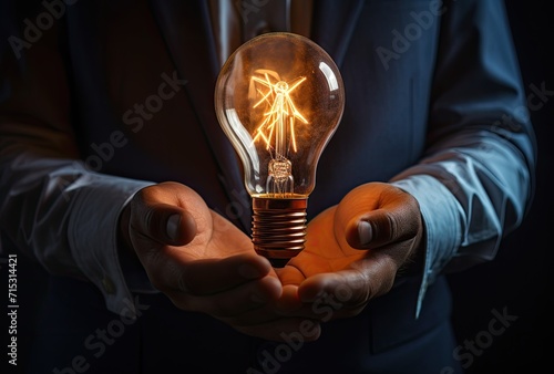 Bright idea symbolized by a businessman's hand holding a shining light bulb in the innovation concept.