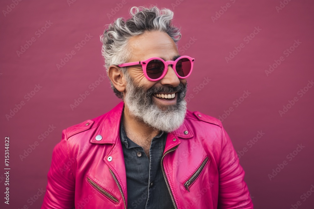 Portrait of a stylish senior man with gray hair and sunglasses on a pink background.