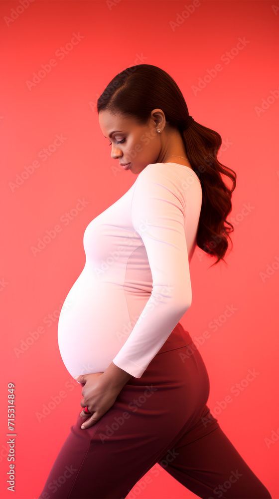 A pregnant woman in white clothes gently holds her hands on her belly while standing on a red background. The image conveys expectation and motherhood. Products and courses for pregnant women A pregnant woman in white clothes gently holds her hands on her belly while standing on a red background. The image conveys expectation and motherhood. Products and courses for pregnant women