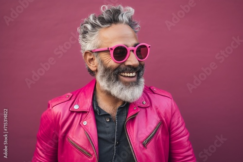 Portrait of a stylish senior man with gray hair and sunglasses on a pink background. © Inigo