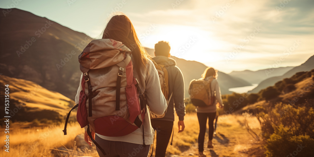 A group of hikers with backpacks are walking together along a mountain route. - obrazy, fototapety, plakaty 