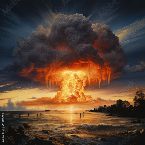 Nuclear explosion with mushroom cloud in war