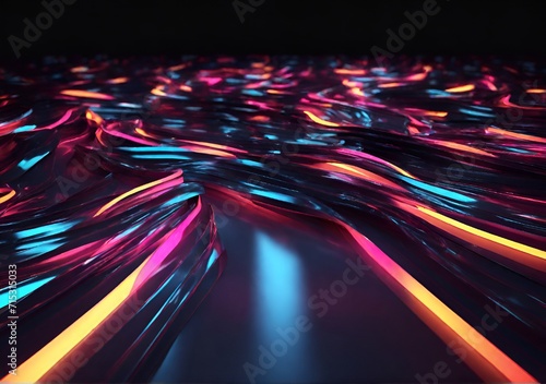 3d render. Abstract neon background. Fluorescent ines glowing in the dark room with floor reflection. Virtual dynamic ribbon. Fantastic panoramic wallpaper. Energy concept. Illustrations 00. photo