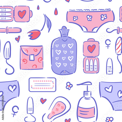 Seamless pattern of feminine hygiene items in hand-drawn style. Menstrual. Reusable and disposable pads. Tampons, birth control pills. Uterus, condom. Women Health. Panties and a heating pad.
