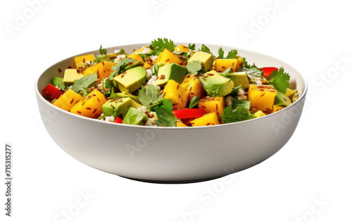 Citrusy Mango Magic Bowl Burst of Tropical Flavors Infused with Quinoa and Cilantro on a White or Clear Surface PNG Transparent Background.