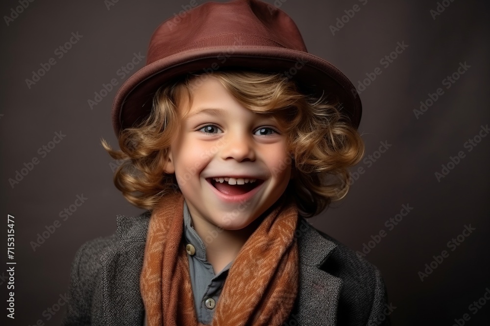 Portrait of a happy little boy with curly hair and brown hat Portrait of a happy little boy with curly hair and brown hat