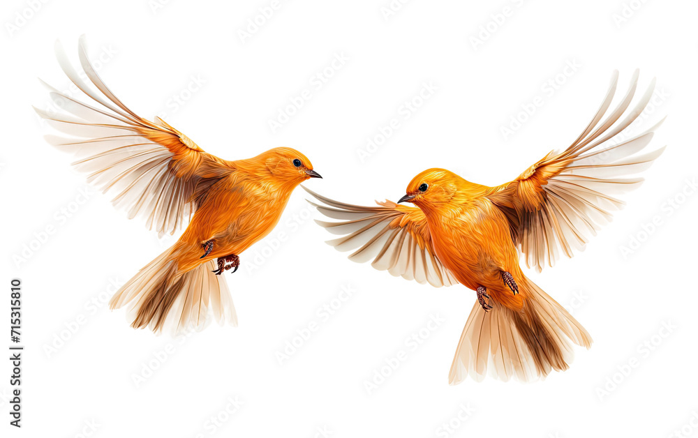 Obraz premium Witness the Graceful Dance of Orange Sparrows Pair Soaring Through the Air on a White or Clear Surface PNG Transparent Background.