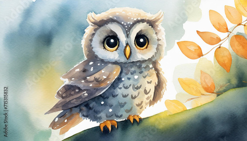 A flat illustration with a baby owl on a white background. The concept of wildlife, watercolor