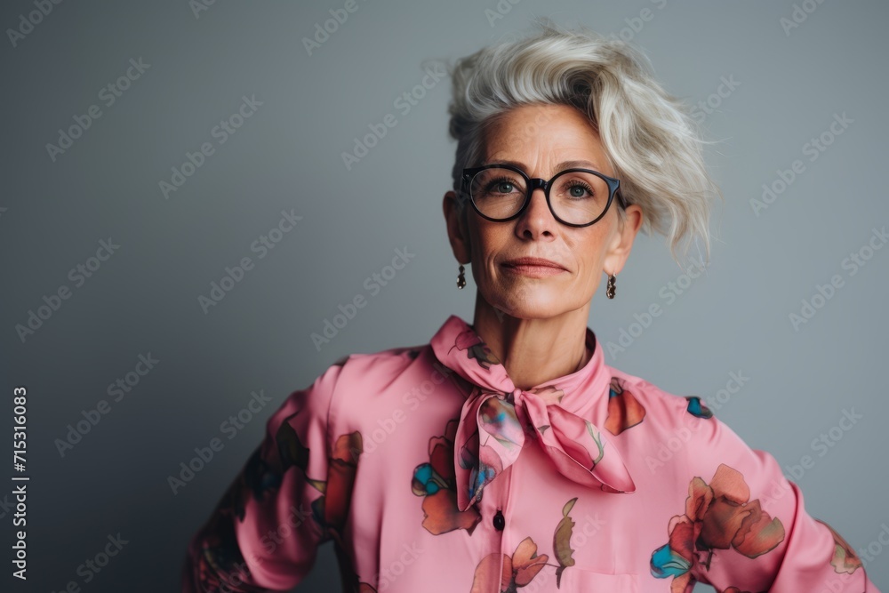 Portrait of a beautiful senior woman in glasses and a pink blouse.