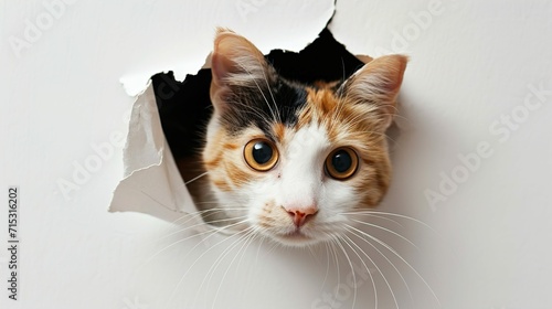 Calico cat poking head out of a hole in the paper wall , white background photo