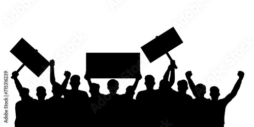 Silhouettes of a protesting crowd. People protest with banners.