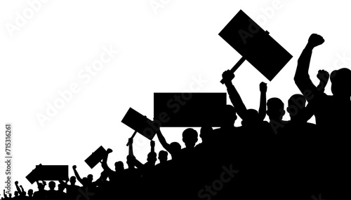 Silhouettes of a protesting crowd. People protest with banners.
