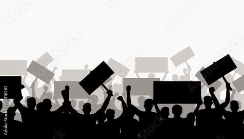 Silhouettes of a protesting crowd. People protest with banners. photo