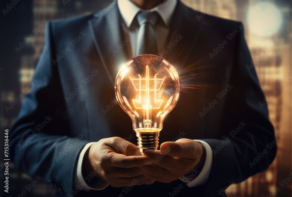 A businessman's hand holding a luminous light bulb, symbolizing innovation. A businessman's hand holding a luminous light bulb, symbolizing innovation.