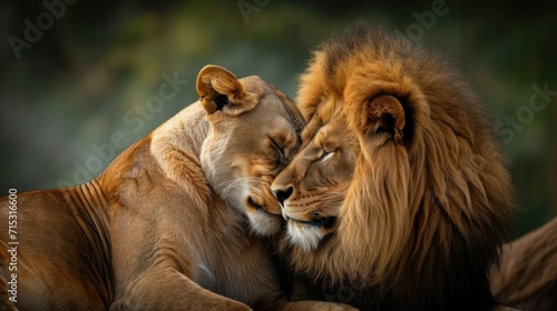 A majestic African lion couple expresses their loving pride  showcasing the beauty of predator s love  Ai Generated.