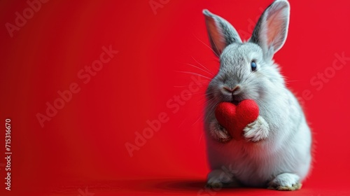 A cute white bunny, set against a red background, sweetly holds a heart, creating an endearing visual, Ai Generated. 