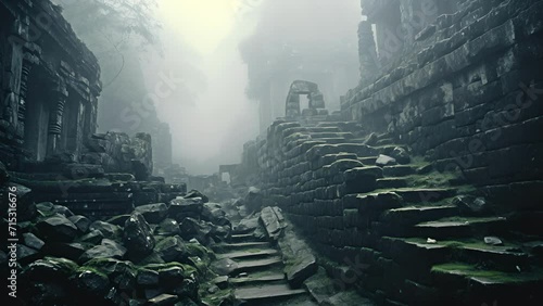 The ruins of an ancient temple rise out of the ethereal fog, invoking a sense of reverence for the past. The fog almost seems to be protecting the remnants of this oncegreat civilization. photo