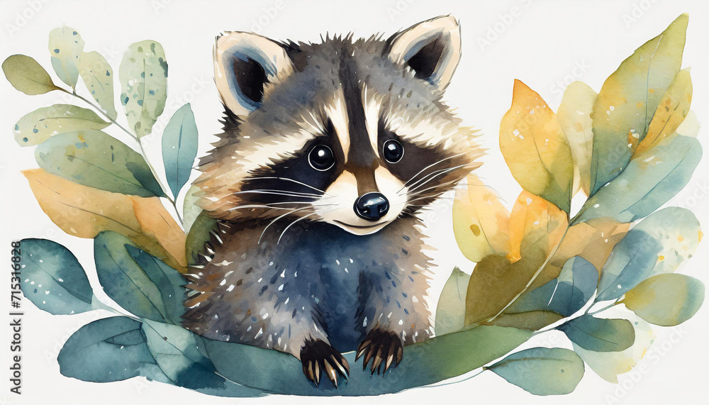 A flat illustration with a baby raccoon on a white background. The concept of wildlife, watercolor A flat illustration with a baby raccoon on a white background. The concept of wildlife, watercolor