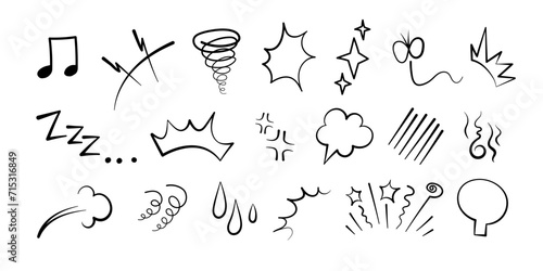 Manga or anime comic emoticon element graphic effects hand drawn doodle vector illustration set isolated on white background. Cartoon style manga doodle line expression scribble anime mark collection.