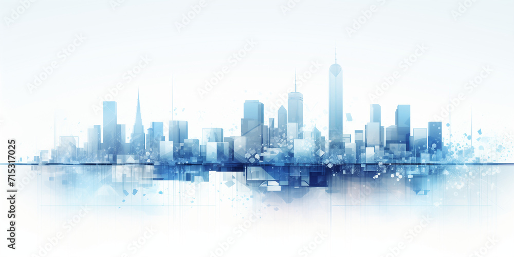 white and blue cityscape with abstract buildings and data, in the style of digital, blueprint 